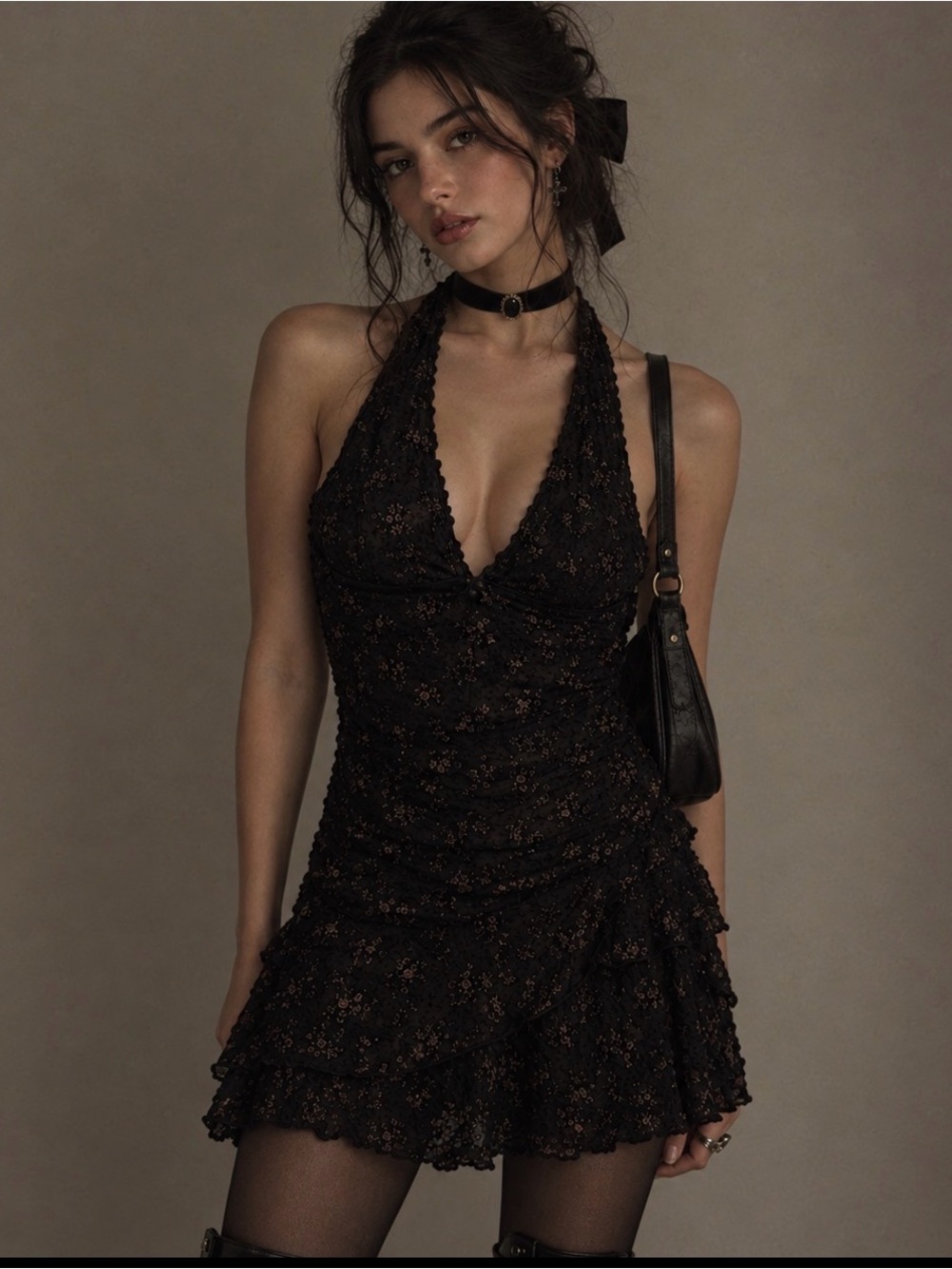 Mini Dress Halter Ruched Black Mesh Ruffles Whimsigoth Fairy Grunge Goth Size M
